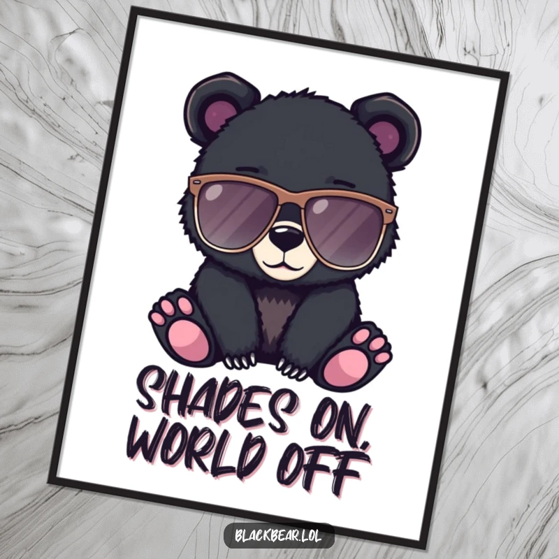 Funny Free Printable wall art: a black bear cub looking incredibly cool and confident while wearing a pair of oversized sunglasses.