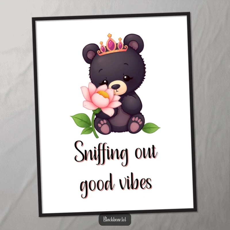Funny Free Printable Wall Art: Curious black bear cub wearing a tiara, sniffing a giant, colorful flower.
