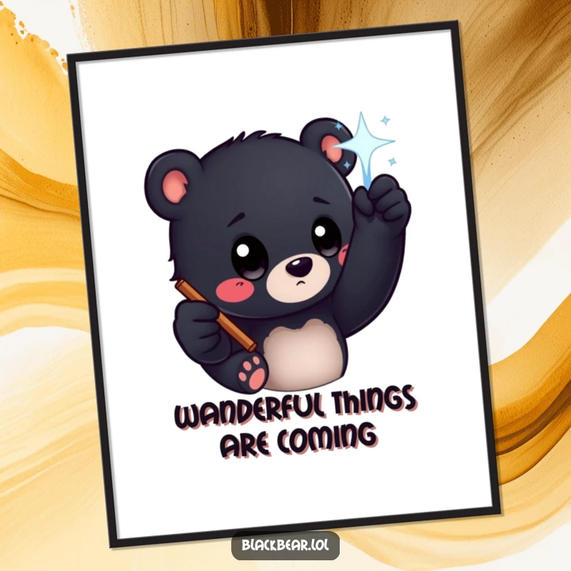 Funny Free Printable Wall Art: Curious black bear cub reaching with big eyes for a dazzling, sparkling magic wand.