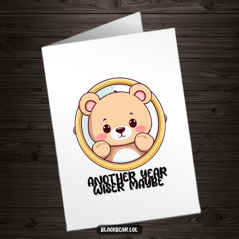 Funny Free Printable Birthday Card: Bear character curiously peeking from behind a large, reflective mirror.