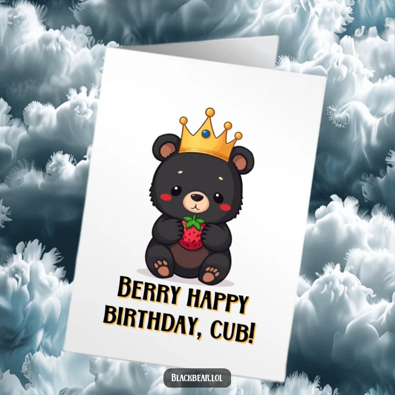 Funny Free Printable Birthday Card: Black bear cub wearing a crown balances a berry on its nose.