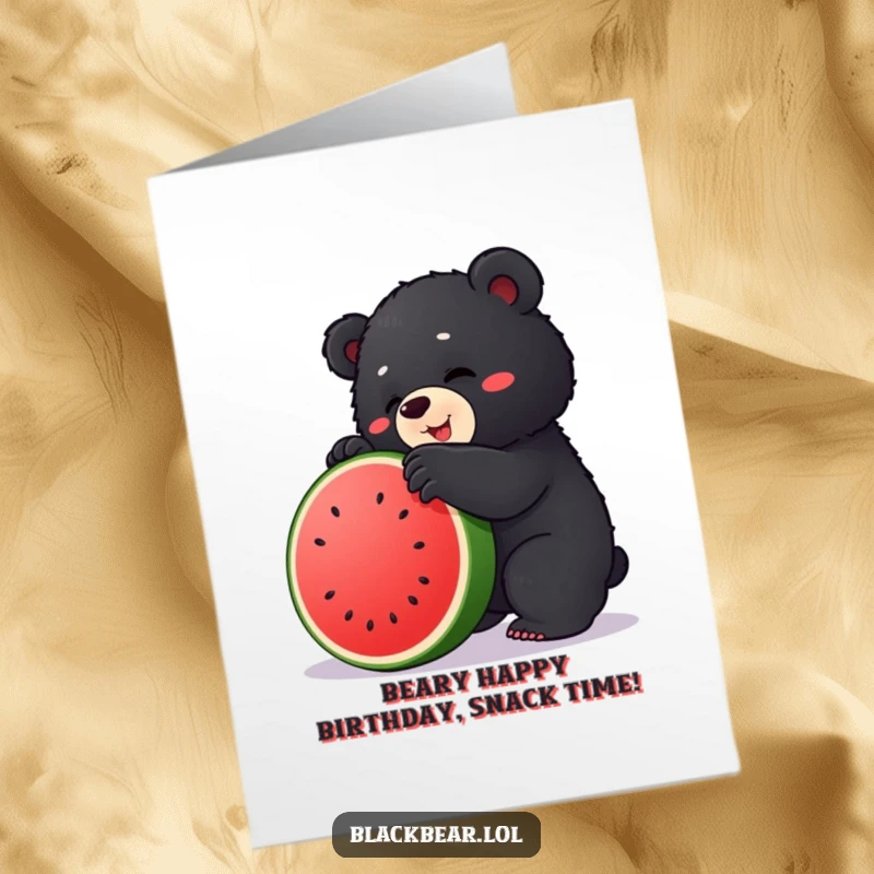 Funny Free Printable birthday card: a chubby black bear cub hilariously struggling to climb a giant, slippery watermelon.
