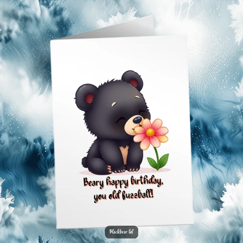 Funny Free Printable Birthday Card: Curious black bear cub joyfully sniffing a vibrant, colorful flower, spreading birthday cheer.