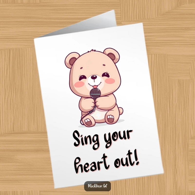 Funny Free Printable Birthday Card: A cute bear with a radiant smile holds a tiny microphone, ready to perform.