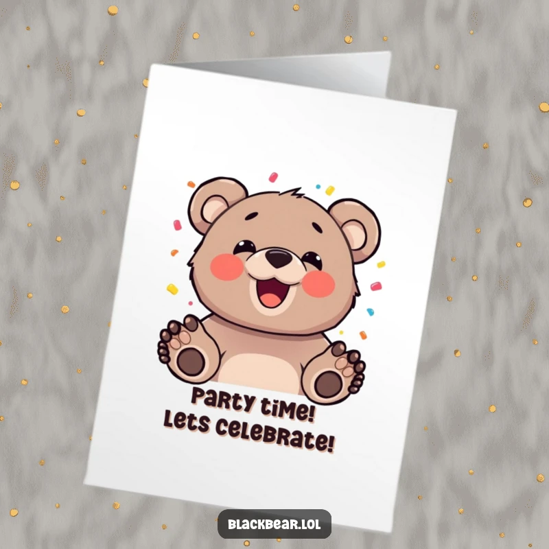 Funny Free Printable Birthday Card: Bear cub joyfully tossing colorful confetti high in the air.