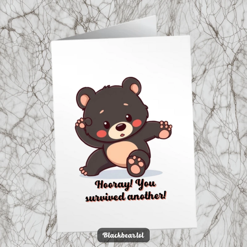 Funny free printable birthday card showing a black bear cub attempting a heroic pose but hilariously tripping over its own feet.