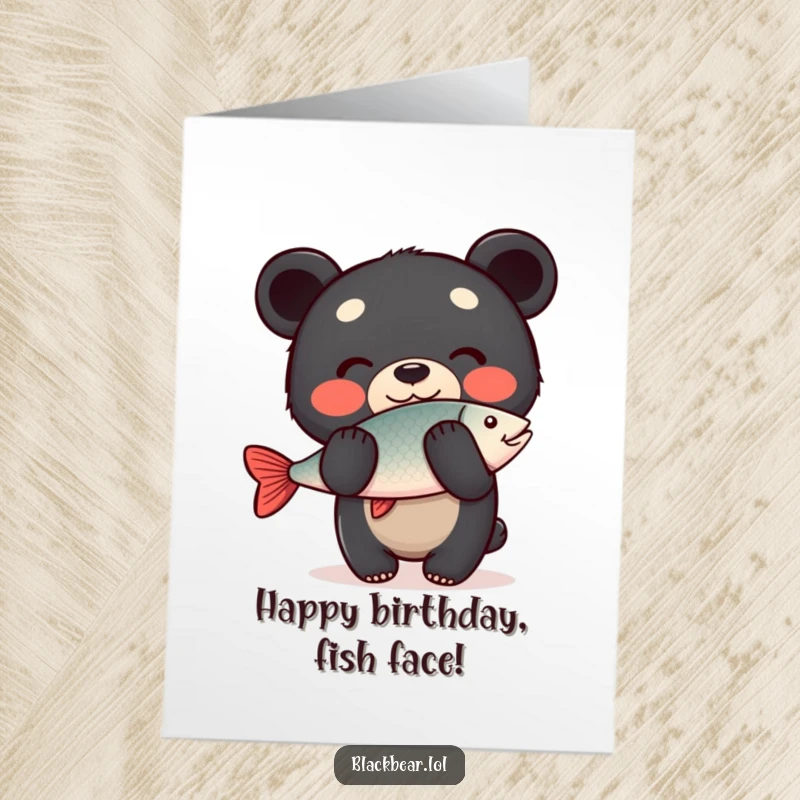 Funny Free Printable Birthday Card: happy black bear cub perfectly balances a fish on its nose.