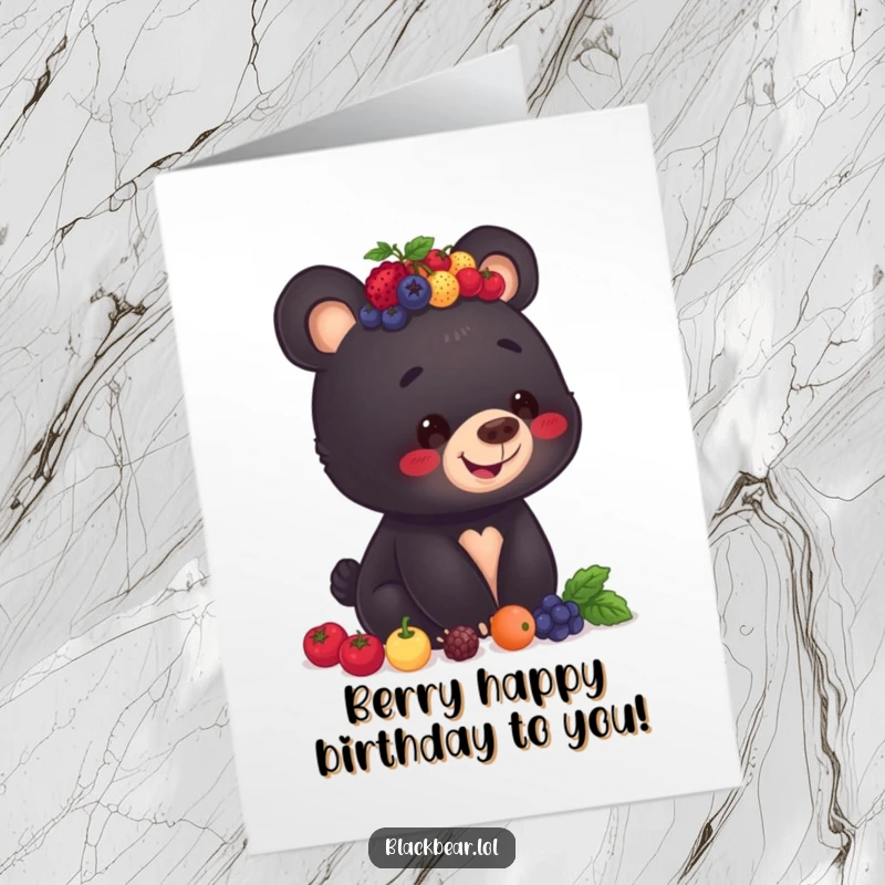 Funny Free Printable Birthday Card: A smiling black bear cub hilariously attempts to balance a pile of berries on its head.