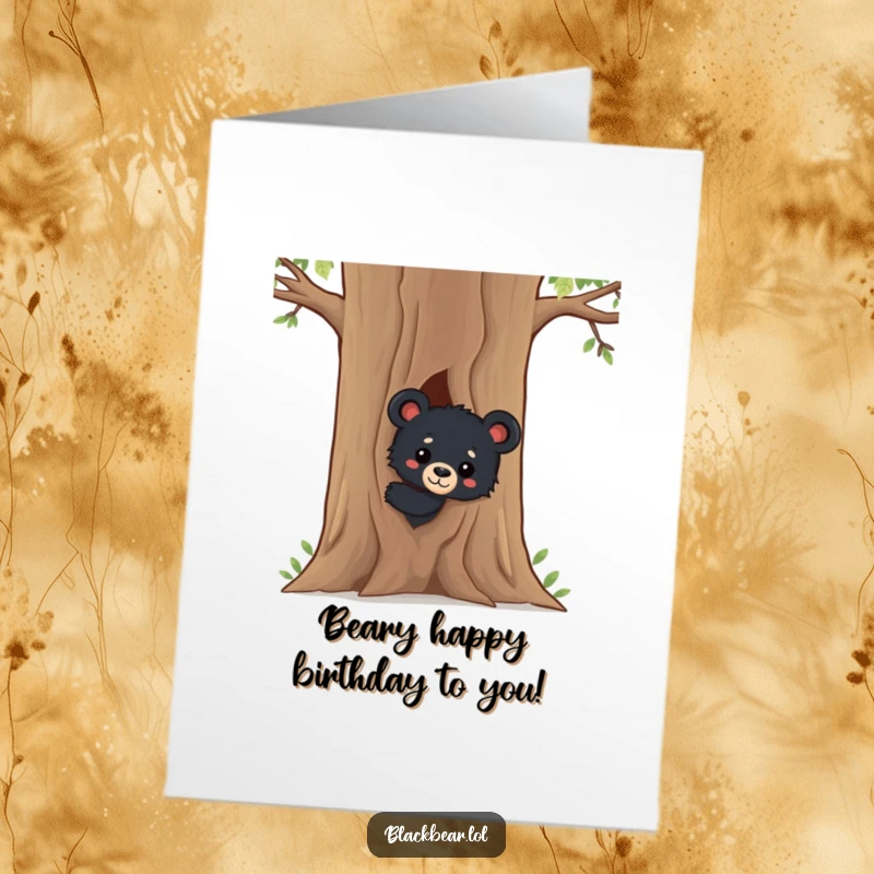 Funny Free Printable Birthday Card featuring a curious black bear cub peeking playfully from behind a large, rustic tree.