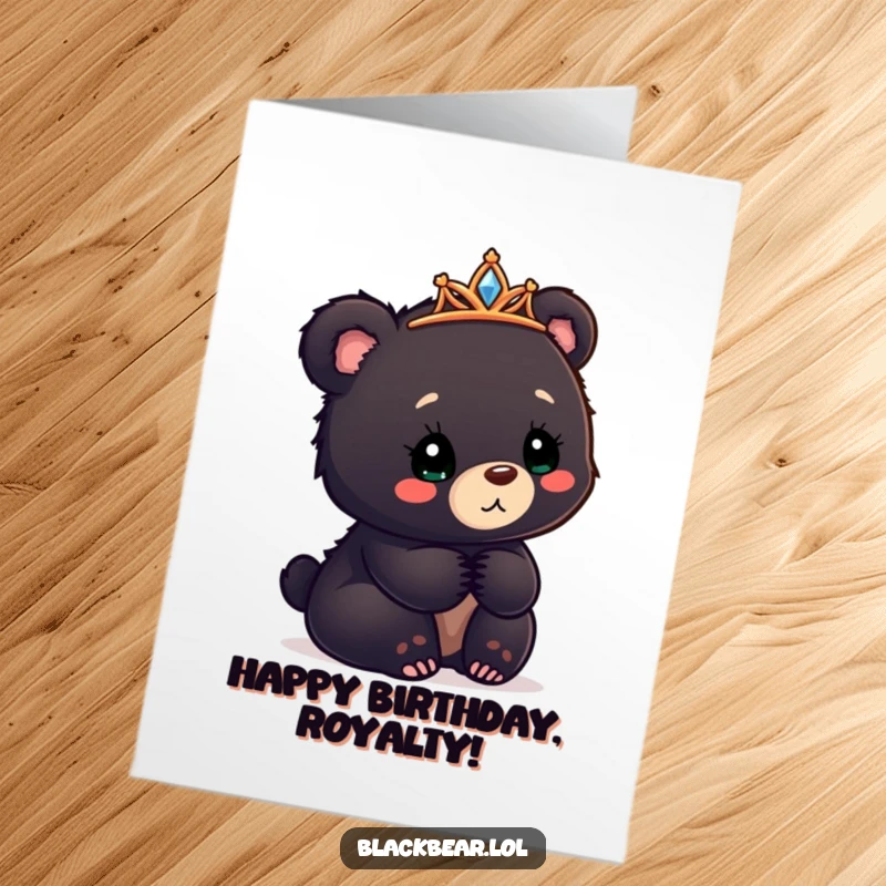 Funny free printable birthday card featuring a bear cub with a tiara askew, looking confused yet delighted by the celebration.