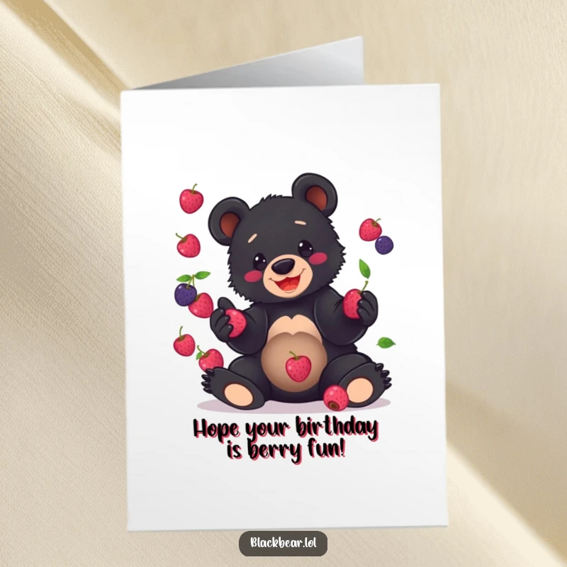 Funny Free Printable Birthday Card: A cute black bear cub grins while comically dropping several red berries while attempting to juggle.