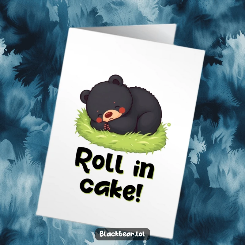 Free printable birthday card featuring a black bear cub blissfully rolling around in a lush, soft bed of green moss.