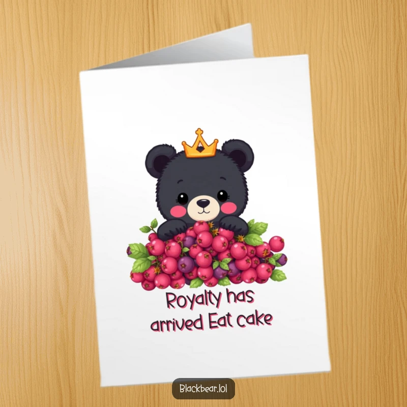 Funny Free Printable Birthday Card: Cute black bear with tiny crown peeking over berries, ready to wish happy birthday.