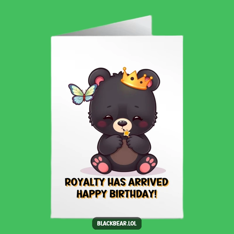 Free Printable Birthday Card: Funny Crown Bear Cub Gift, Playful Butterfly Design