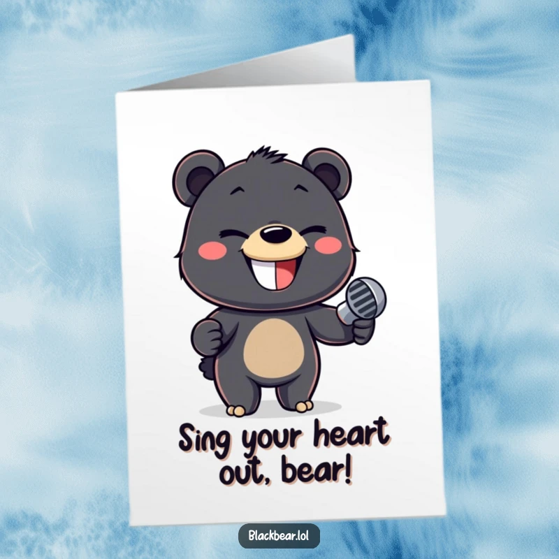 Funny Free Printable Birthday Card of a black bear cub with a mischievous grin singing into a microphone.