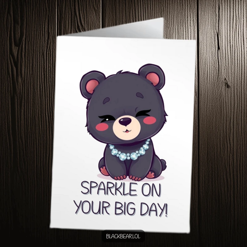 Funny Free Printable Birthday Card of a black bear cub winking charmingly while sporting a dazzling glittery necklace.