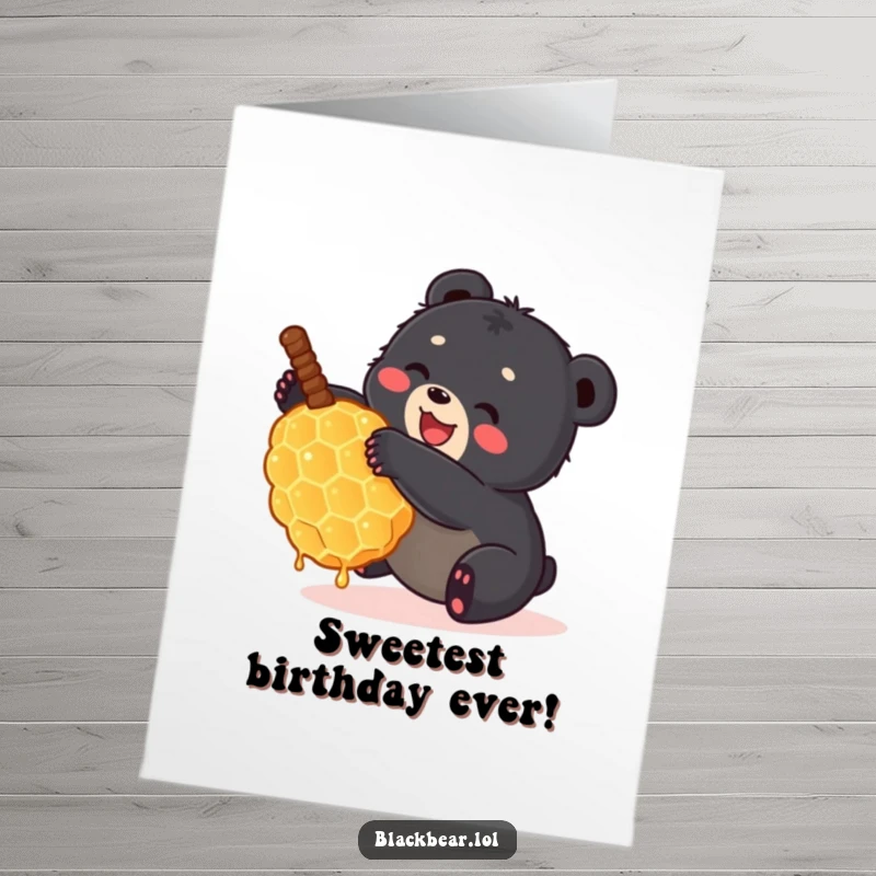Funny Free Printable Birthday Card: A small black bear cub tumbling joyfully, clutching a comically giant honeycomb.