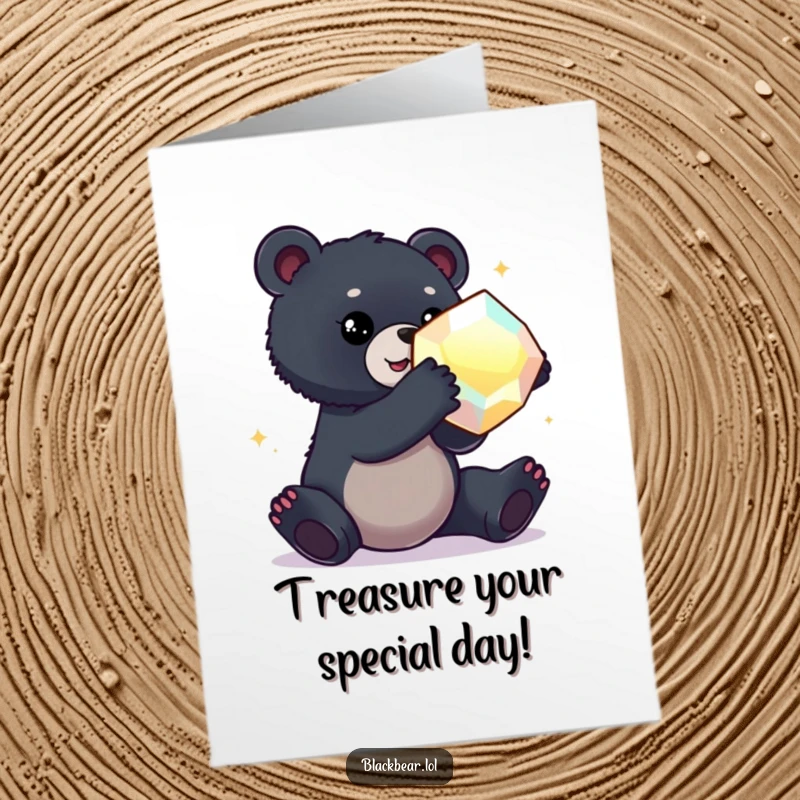 Funny Free Printable Birthday Card of a black bear cub reaching for a giant, shimmering gemstone with wide-eyed wonder.