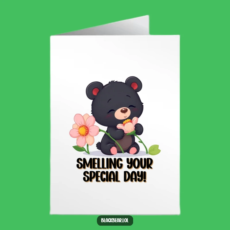 Whimsical Free Printable Birthday Card: Curious Bear Cub & Flower, Fun Gift