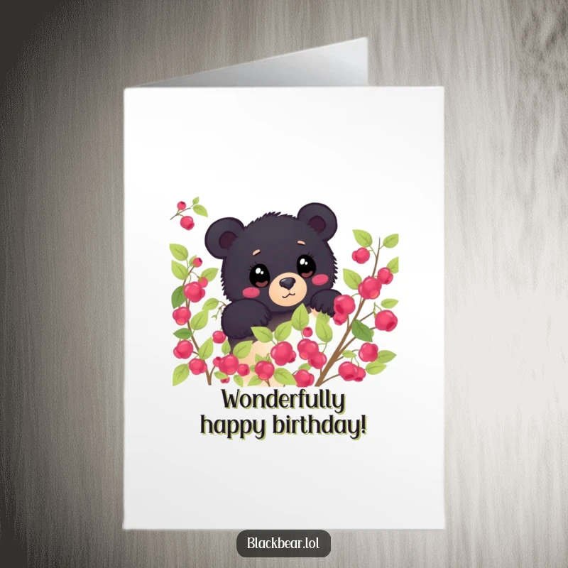 Funny Free Printable Birthday Card: A shy black bear peeking inquisitively from behind a berry bush, eyes wide with wonder.