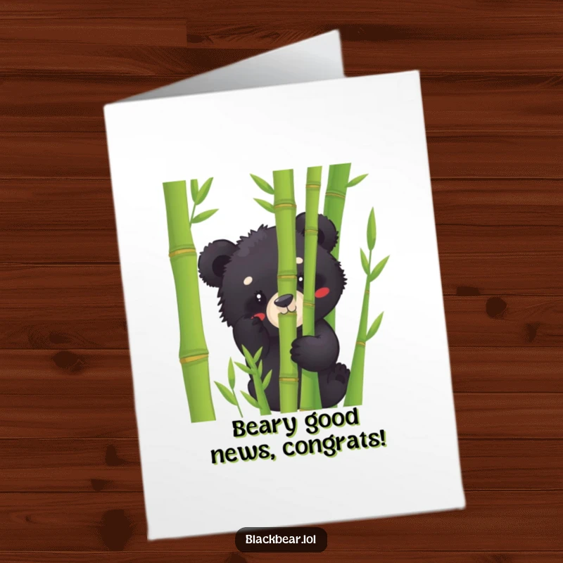 Free Printable Congratulations Card: Adorable black bear cub playfully peeking through bamboo, a fun way to say congrats.