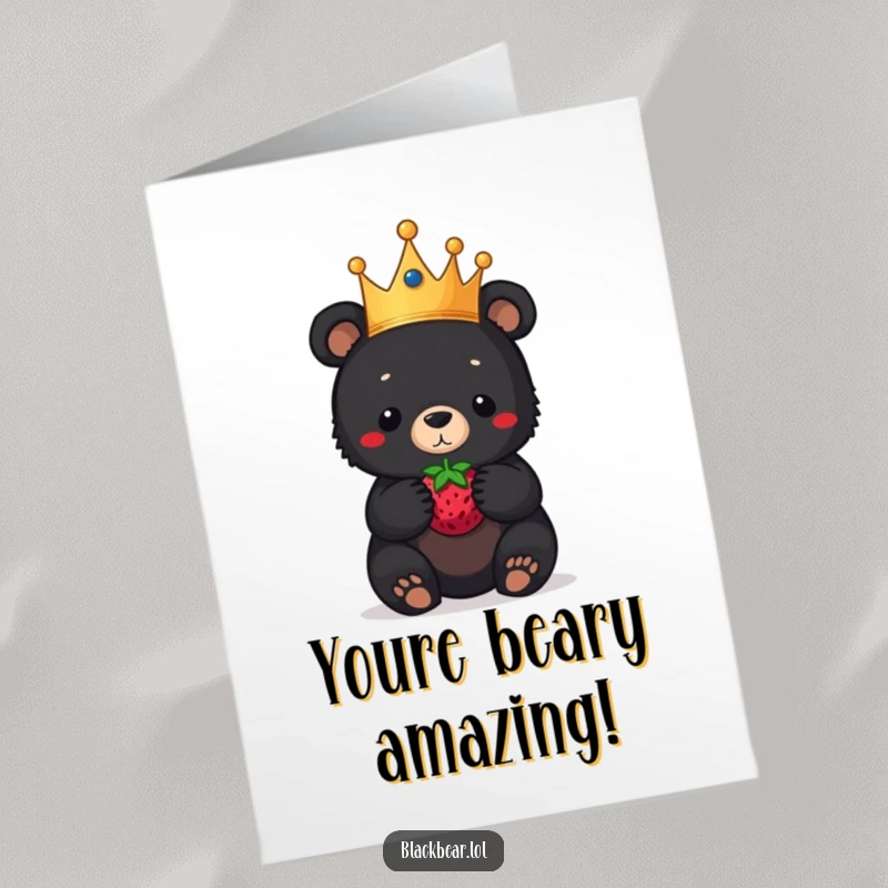 Funny Free Printable Congratulations Card: Crowned black bear cub balancing a berry on its nose, celebrating wins.