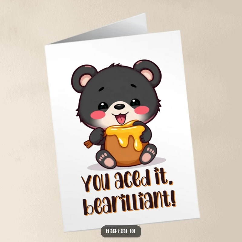 Funny free printable congratulations card showing a black bear cub triumphantly emerging from a tiny honey pot, sticky and happy.