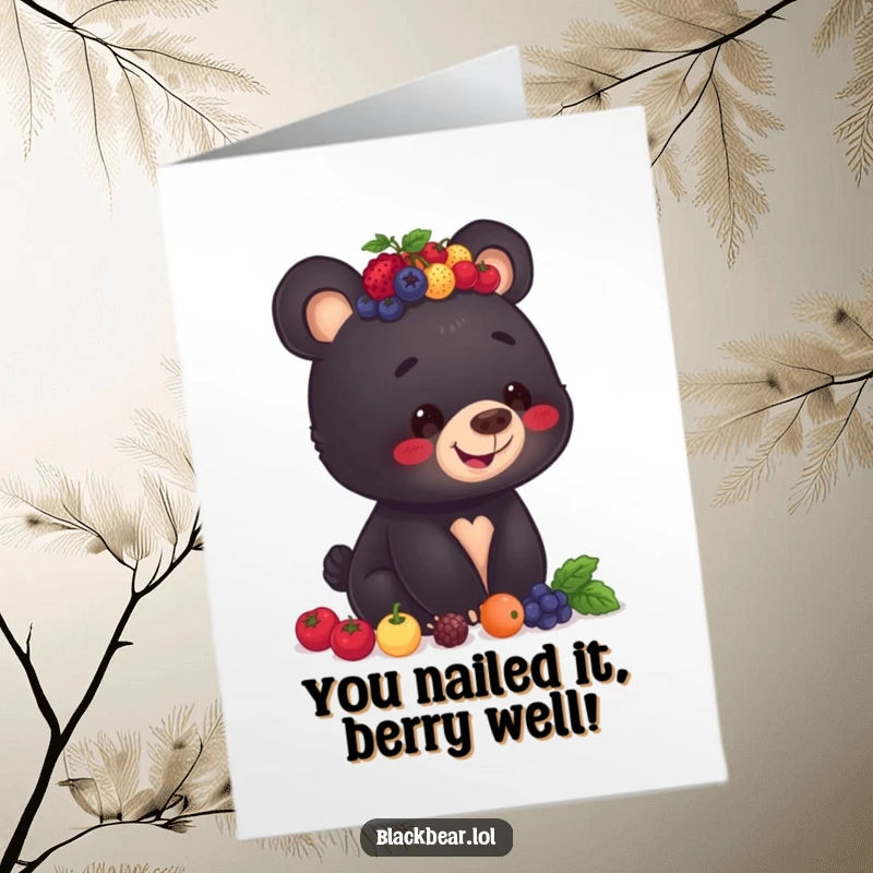 Funny Free Printable Congratulations Card: A black bear cub smiling while balancing a tall pile of berries on its head.