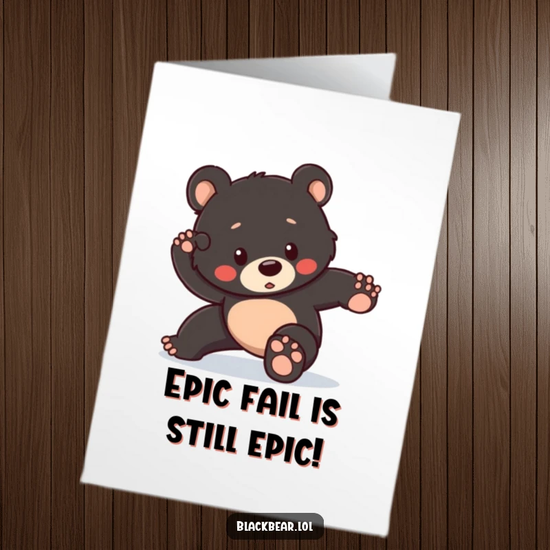 Comedic free printable congratulations card featuring a black bear cub attempting a superhero pose and stumbling adorably.