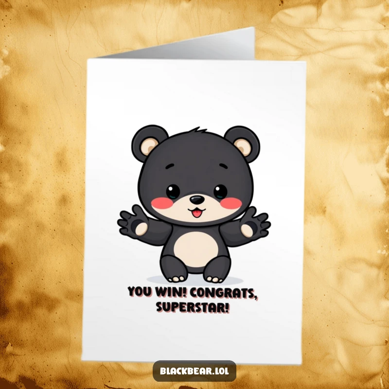 Funny Free Printable Congratulations Card: Cute black bear cub excitedly presenting a pretend award with outstretched paws.