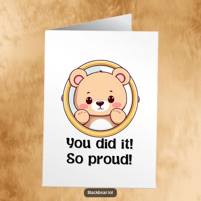 Funny Free Printable Congratulations Card: Bear peeking curiously from behind a shiny mirror, celebrating success.