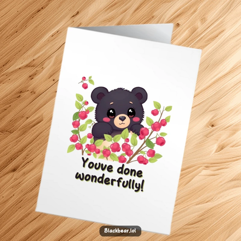 Funny Free Printable Congratulations Card: A shy black bear peeking from a berry bush, eyes wide with wonder at their success.