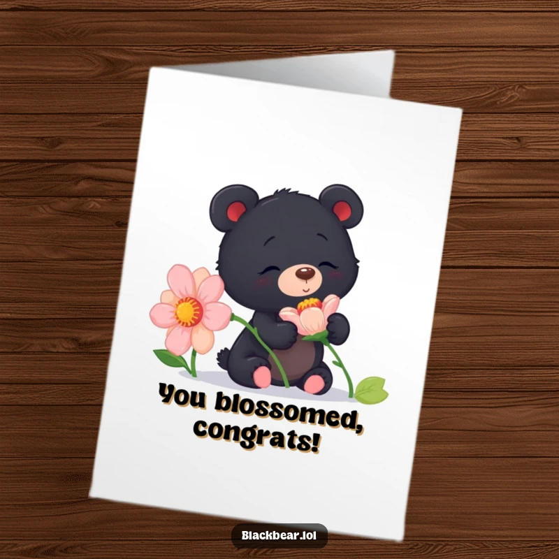 Free Printable Congratulations Card: A curious black bear cub sniffing a giant flower with wide-eyed delight.
