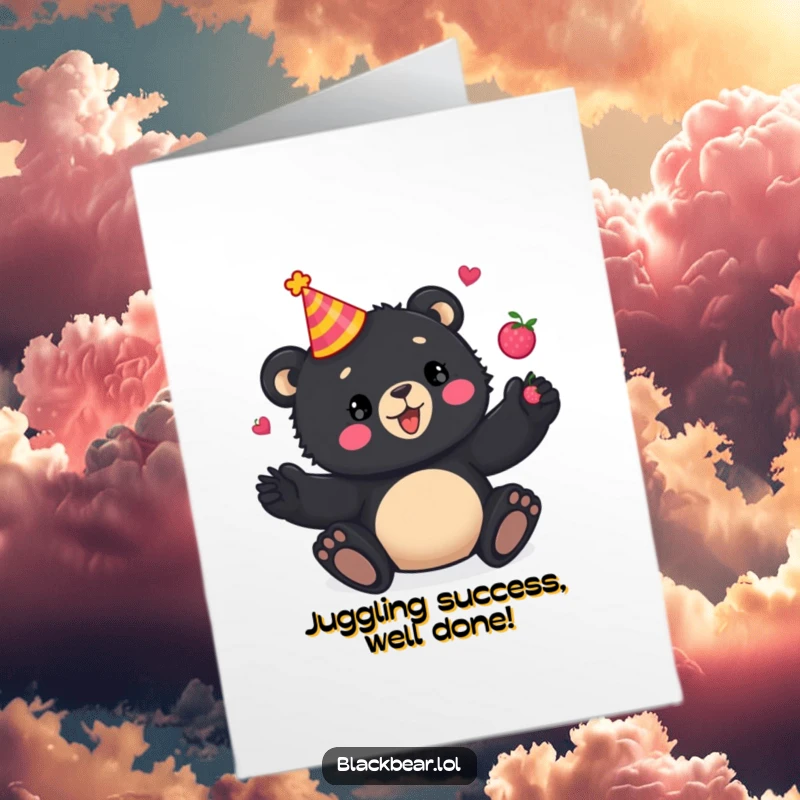Funny Free Printable Congrats Card: playful black bear cub wearing a party hat juggles colorful berries.