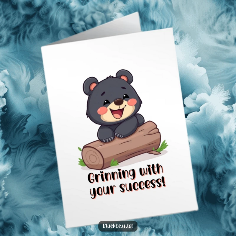 Funny Free Printable Congratulations Card: A playful black bear cub sliding down a log with a wide grin, celebrating achievement.
