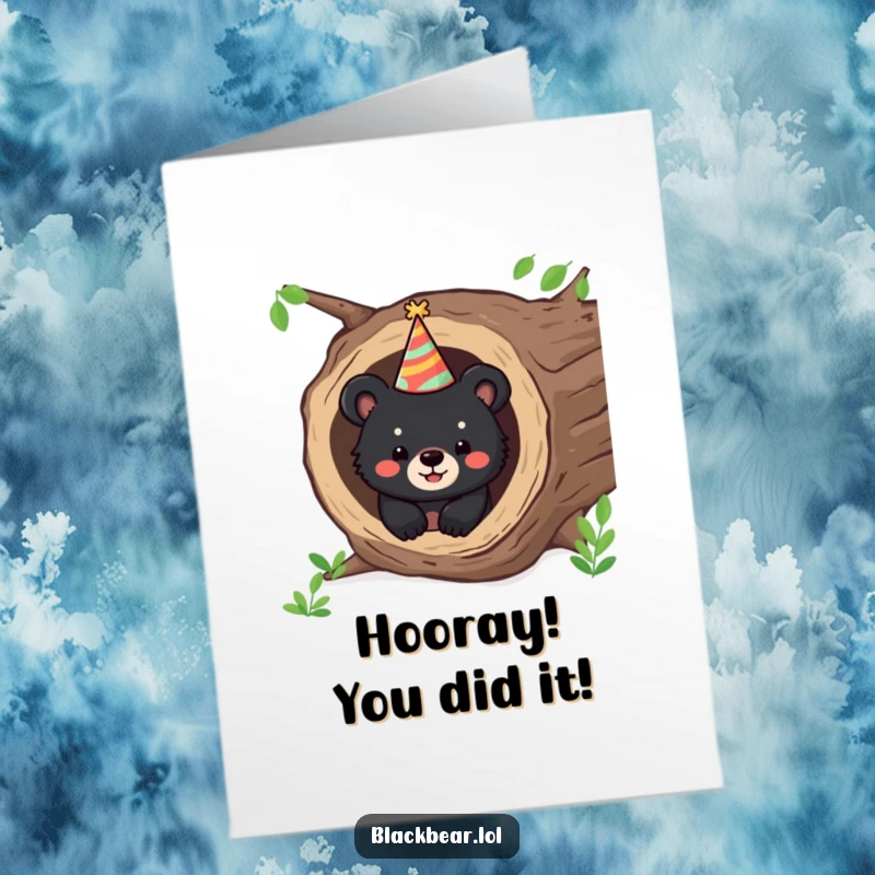Cute Free Printable Congratulations Card: Happy black bear cub peeking from a log in a party hat, celebrating.
