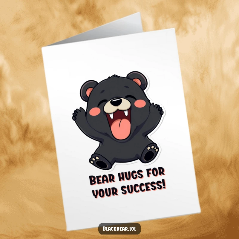 Funny free printable congratulations card showing a happy black bear roaring playfully, cheering on a big achievement.