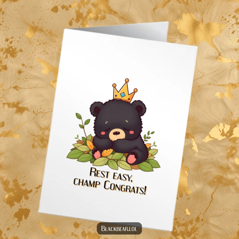 Funny Free Printable Congratulations Card: Black bear cub wearing a crown peacefully naps in a large pile of colorful leaves.