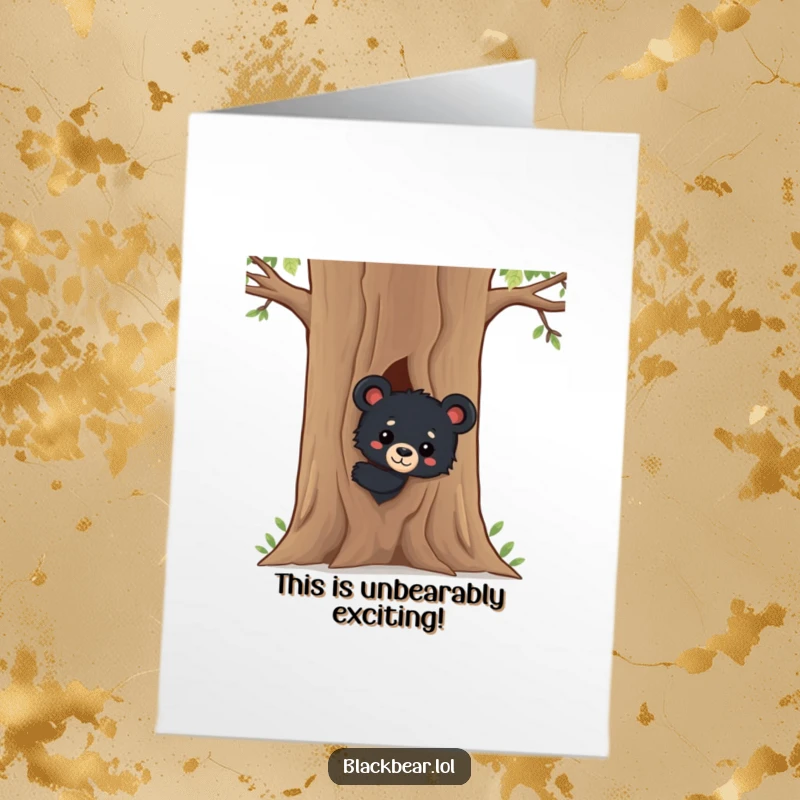 Free Printable Congratulations Card showing a cute black bear cub peeking curiously from behind a tree, ready to celebrate.