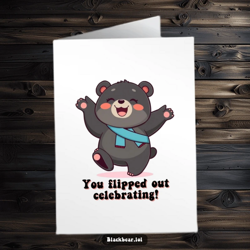 Funny Free Printable Congratulations Card: Black bear cub with sash doing a cartwheel, celebrating achievements.