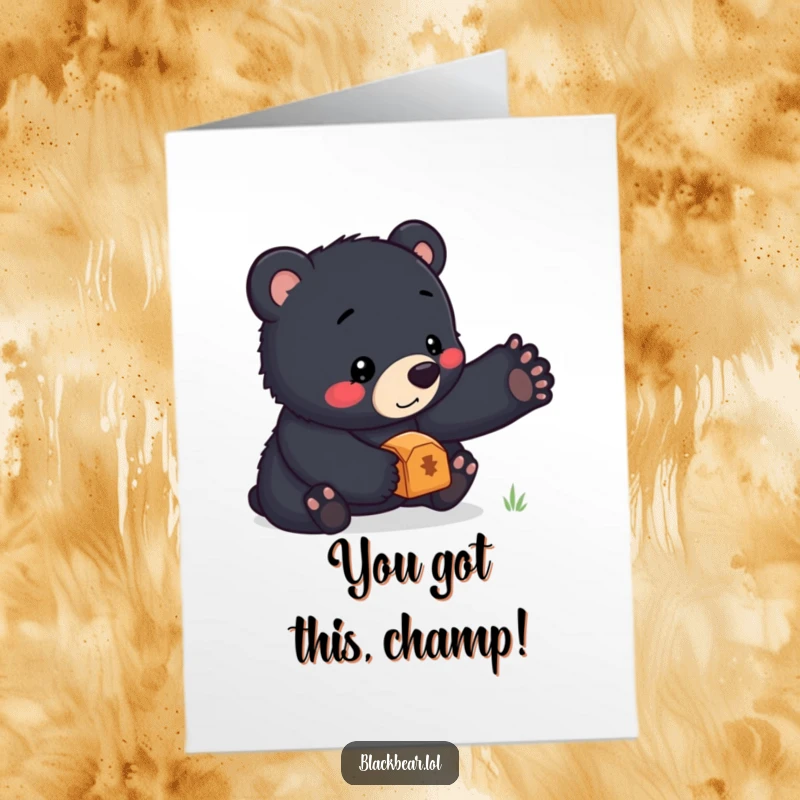 Funny free printable congratulations card showing a charming black bear cub skillfully balancing a treasure on its nose.