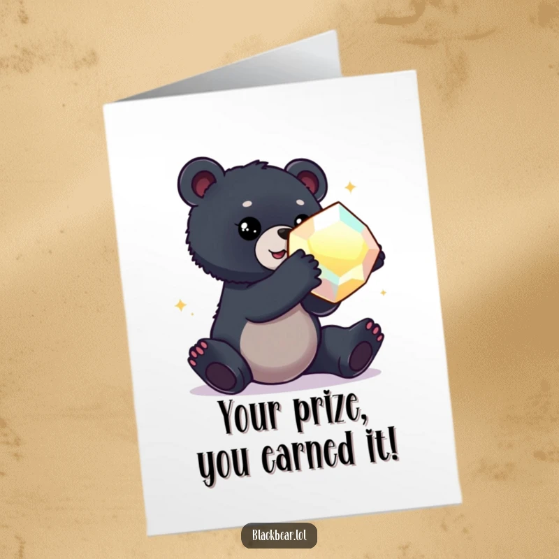 Funny Free Printable Congratulations Card with a black bear cub reaching for a dazzling, oversized gem, representing a great find.