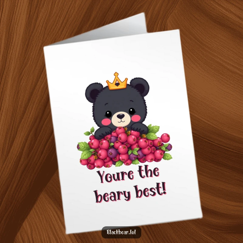 Funny Free Printable Congrats Card: Cute black bear wearing a crown peeking over berries adds regal flair to congratulations.