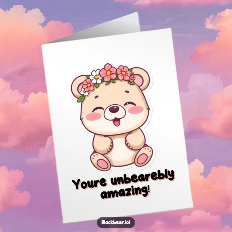 Funny Free Printable Congratulations Card: Bear cub with a flower crown giggling, celebrating your success.