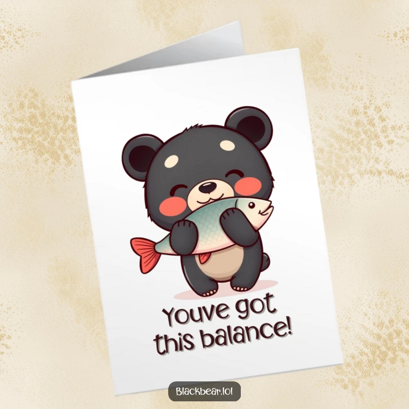Funny Free Printable Congrats Card: a happy black bear cub skillfully balances a fish on its nose.
