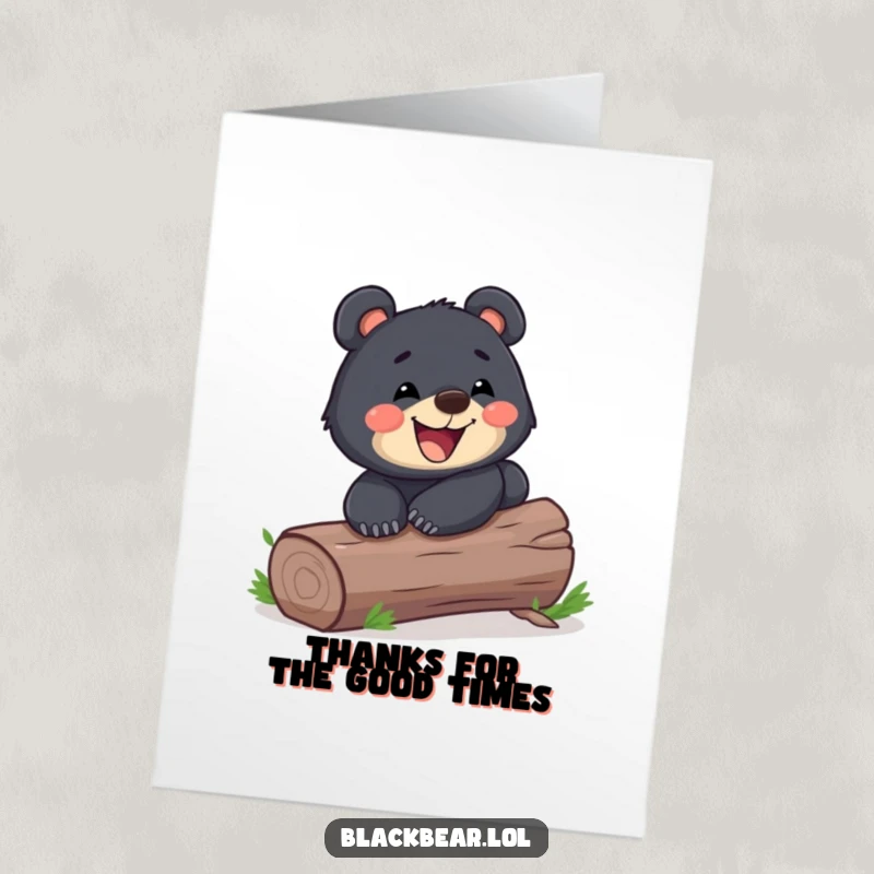 Funny Free Printable Thank You Card: A playful black bear cub sliding down a log, grinning widely, a fun way to say thanks.