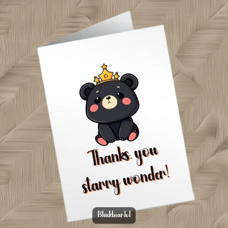 Free printable thank you card of a bear adorned with stars, looking up at the moon with a grateful spirit.