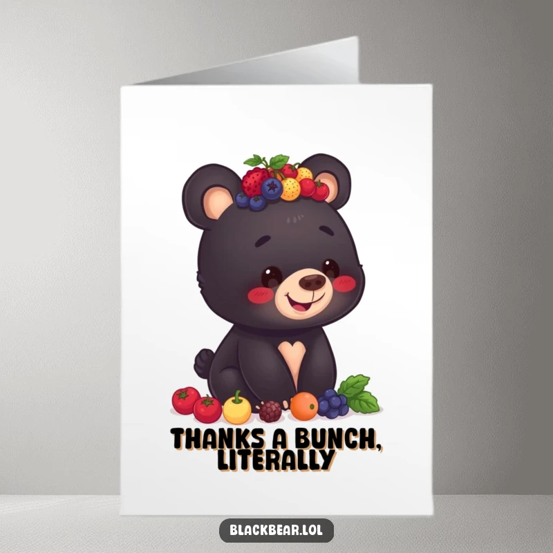 Funny Free Printable Thank You Card: A happy black bear cub balancing a pile of berries on its head, a sweet thank you.