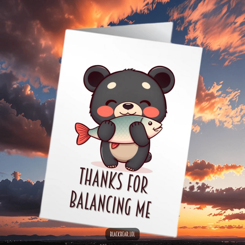 Funny Free Printable Thank You Card: happy bear cub balances a fish nose-up, saying thank you.