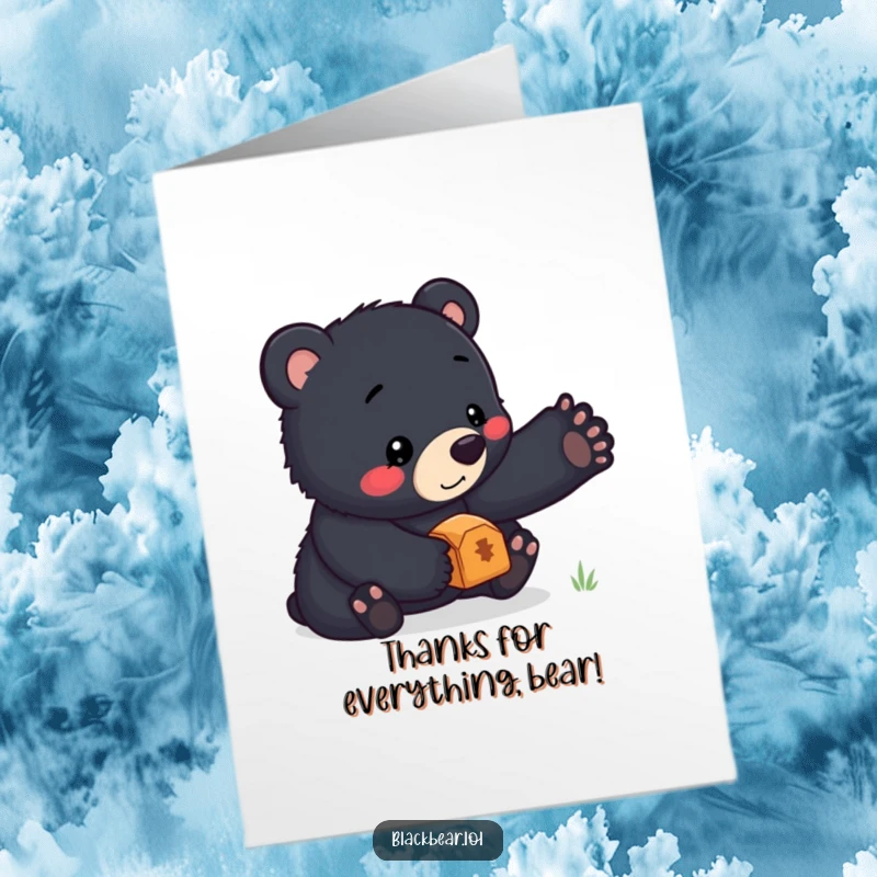 Sweet free printable thank you card with a black bear cub concentrating hard to balance a small treasure on its nose.